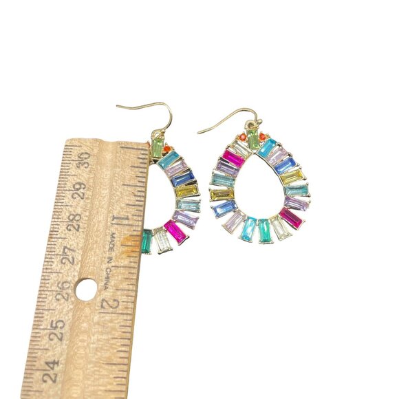 Multicolor Rhinestone Open Teardrop Earrings Gold Tone Rainbow Colorful - Picture 5 of 5